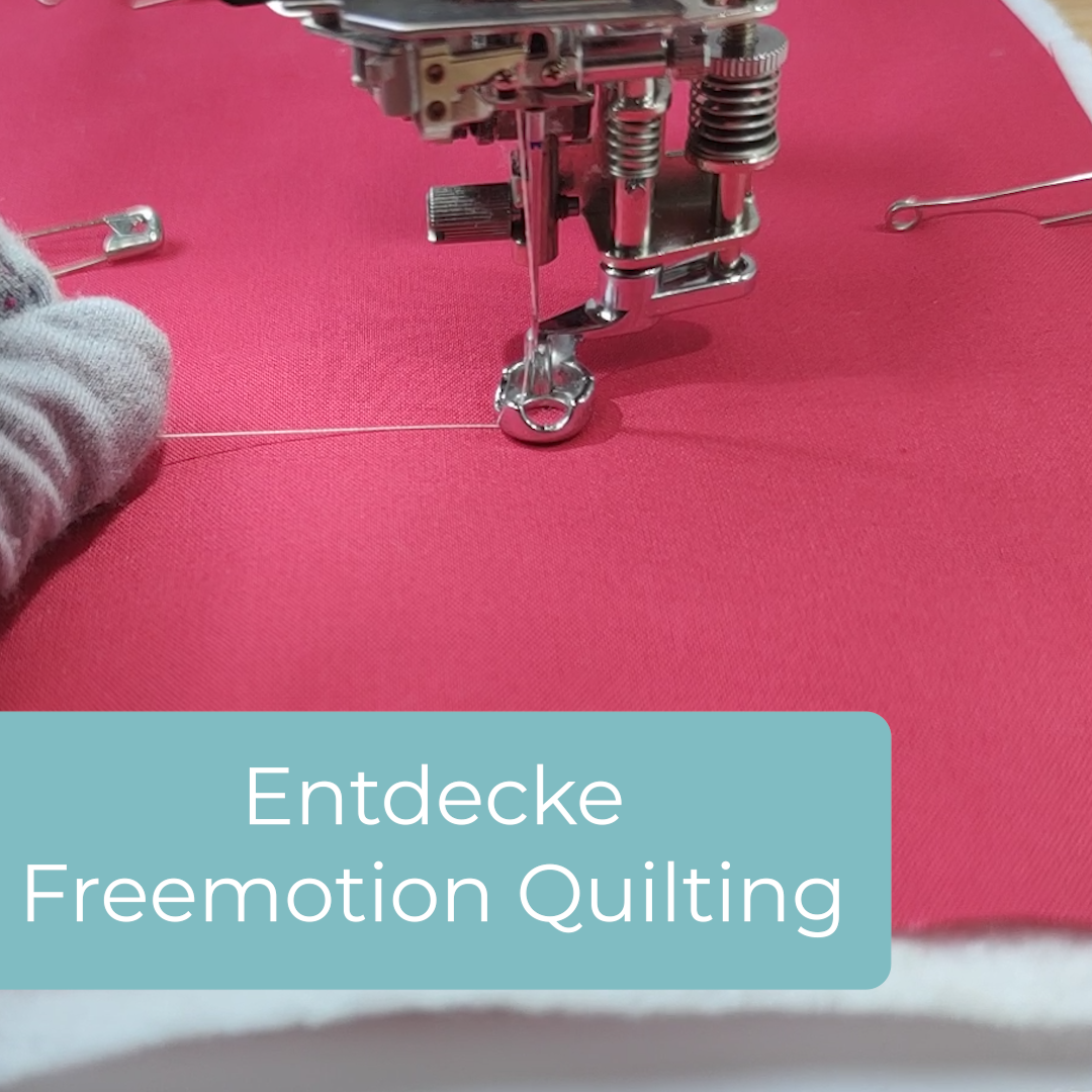 Trailer für den Grundlagen Freemotion Quilting Kurs, es wird der Blick auf die Nähmaschine gezeigt, wie man quiltet und näht und was Freihandquilten ist erklärt